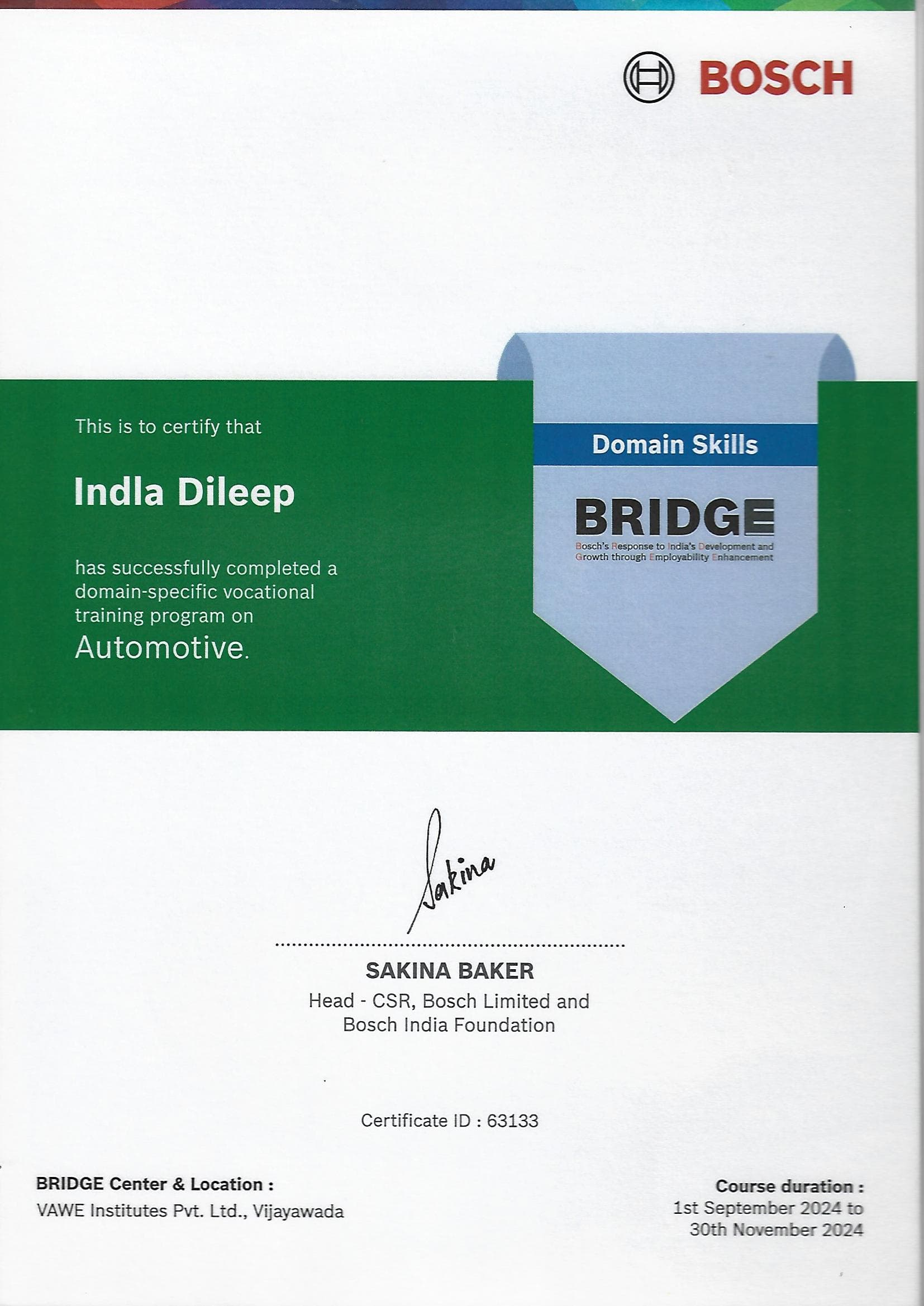 Bosch industry-recognized certificate awarded through VAWE Institute