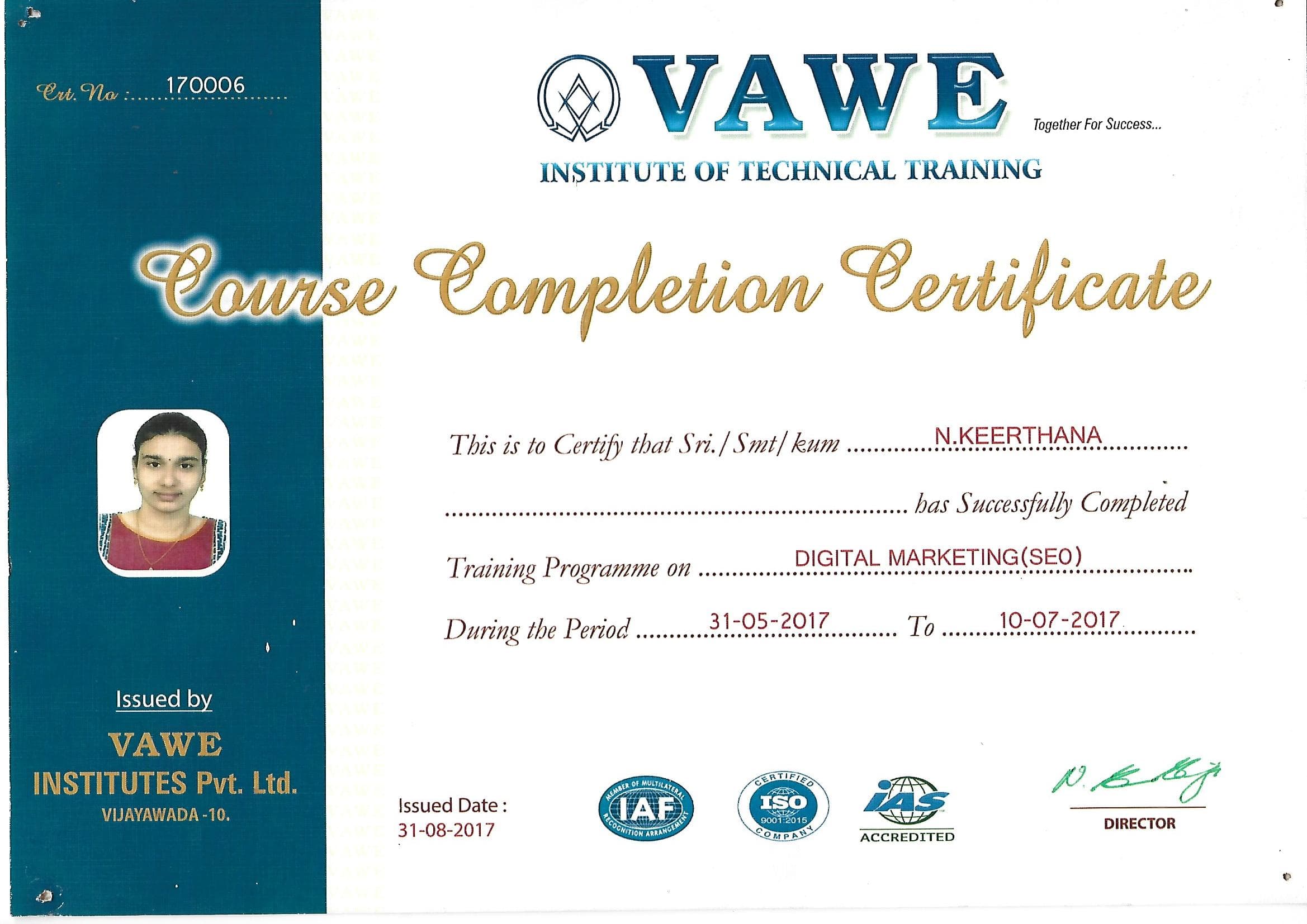 Official VAWE Institute completion certificate sample