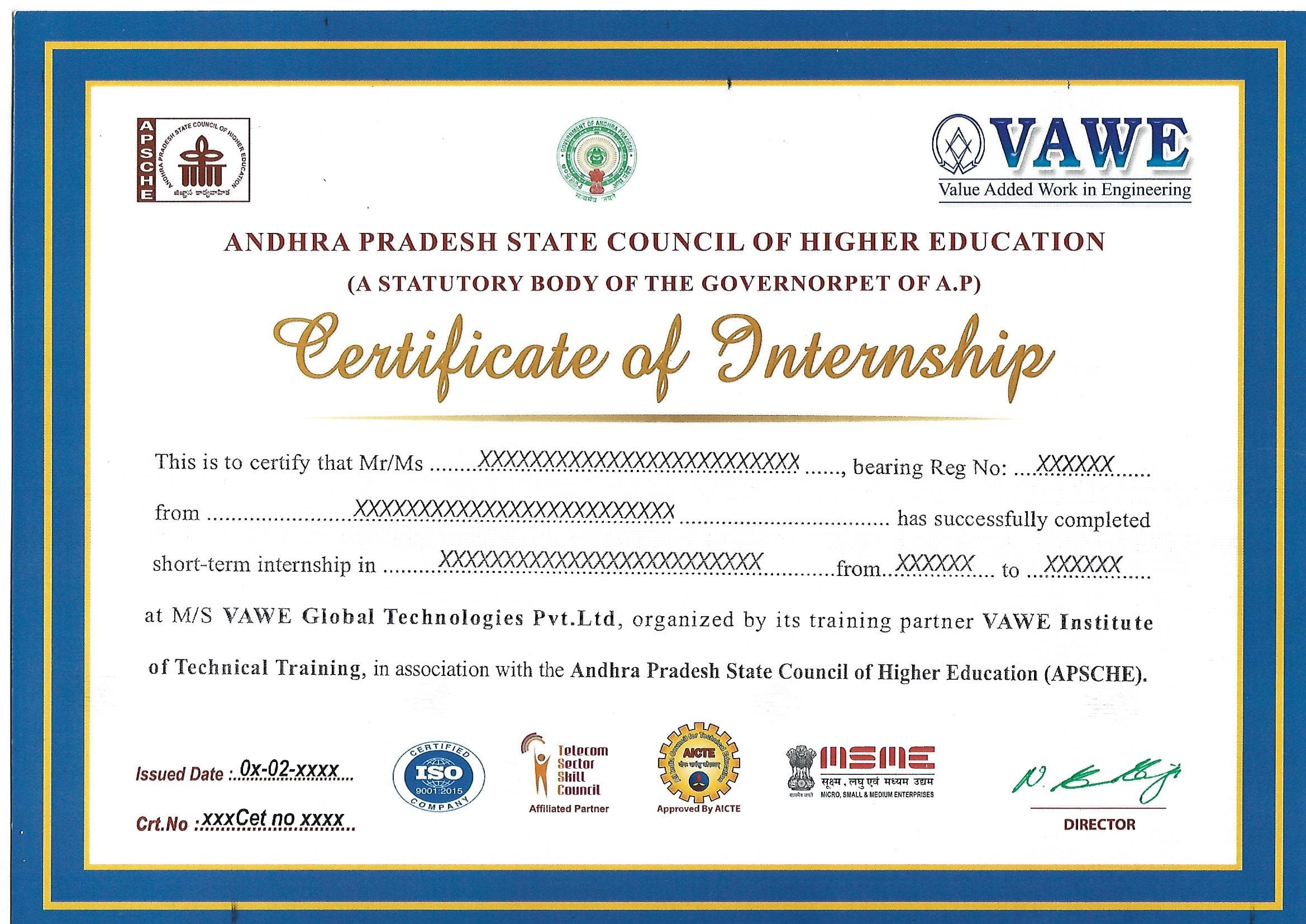 VAWE Institute branded certificate for outstanding learners